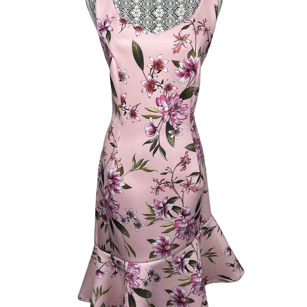 Venus scuba material feminine asymmetric ruffle hem Floral Pink Sleeveless Dress